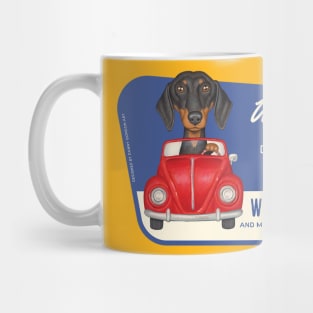 Cute Dachshund driving red car to Doxieville, USA Mug